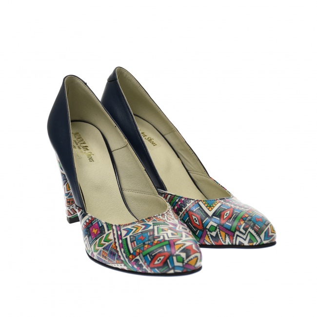 Oferta marimea 36 - Pantofi dama, eleganti, din piele naturala, bleumarin cu imprimeu, toc 7 cm - LNAA8BOXCOLOR