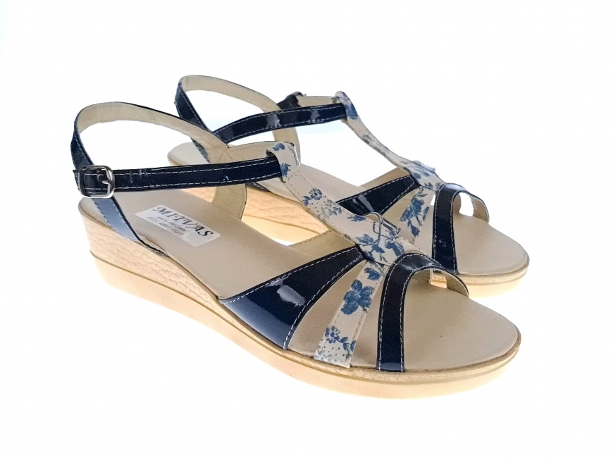 Sandale dama de vara cu platforme de 5 cm, din piele naturala lacuita, bleumarin si bej, MVS2022BLB