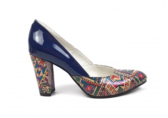 Pantofi dama eleganti din piele naturala bleumarin lac cu imprimeu, toc 9cm