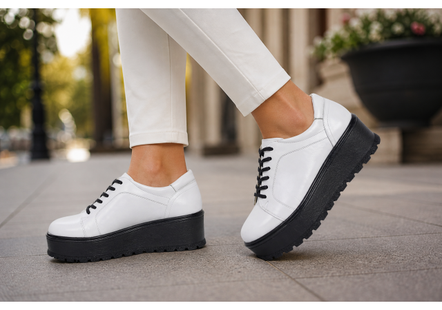 pantofi dama albi din piele naturala cu talpa inalta neagra si sireturi negre