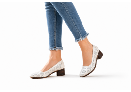 Pantofi dama albi perforati din piele naturala cu toc comod SCV357A