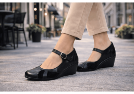 Marimea 40 Pantofi dama negri din piele naturala, tip Mary Jane P13NN