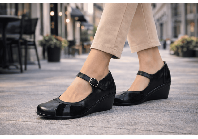 Pantofi dama negri din piele naturala, tip Mary Jane cu platforma wedge si bareta – eleganti si foarte comozi P13NN