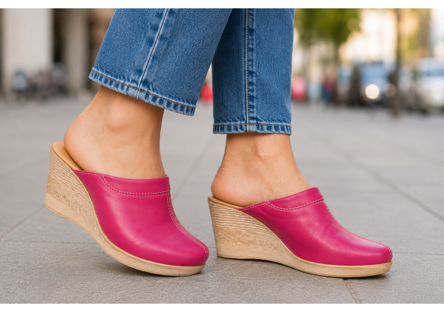 Saboti dama fucsia din piele naturala cu talpa tip pana purtati cu jeansi