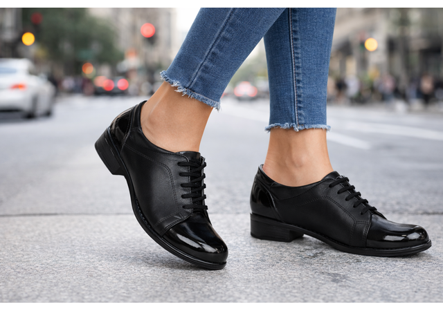 Pantofi dama casual din piele naturala box Negru Lac P53LACN