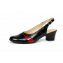 Pantofi eleganți de damă, tip slingback, cu toc gros stabil și design modern în combinație negru-roșu. Ideali pentru ținute office sau casual.