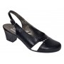 Pantofi eleganți de damă, tip slingback, cu toc gros stabil și design modern în combinație negru-alb. Ideali pentru ținute office sau casual.