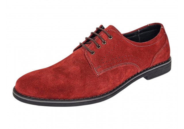 Pantofi barbati rosii din piele naturala intoarsa cu sireturi si perforatii laterale