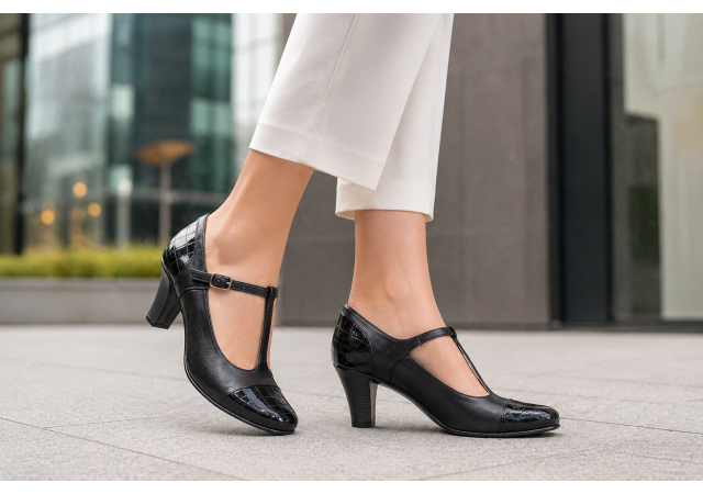 Pantofi dama eleganti din piele naturala cu bareta si varf lac - LP50N
