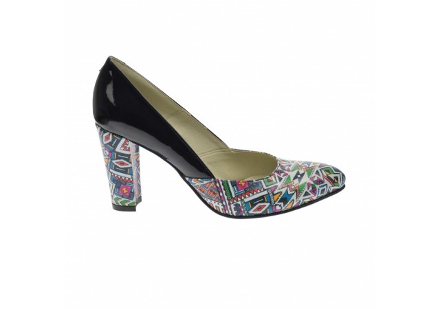 Pantofi dama, eleganti din piele naturala de culoare neagra lacuita cu imprimeu, toc 9cm - NAA8NCOLOR