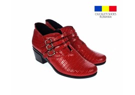 Botine dama din piele naturala Croco, Barete, Catarame argintii, Toc de 5 cm, Rosu - MVS63CTCR-R