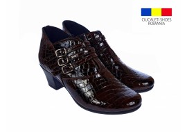 Botine dama din piele naturala Croco, Barete, Catarame argintii, Toc de 5 cm, Maro - MVS63CTCRM