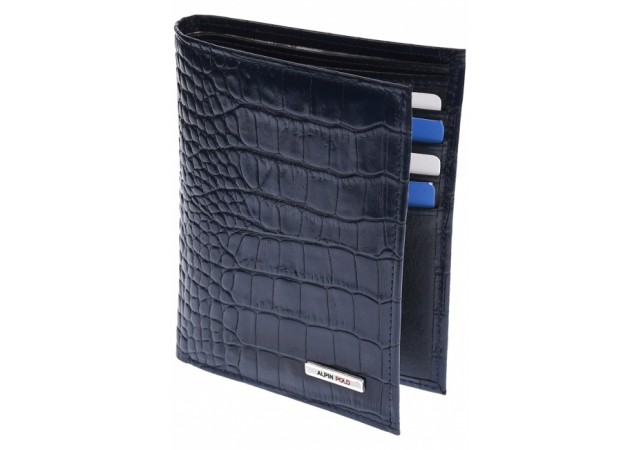 Portofel barbati din piele naturala, design crocodil, bleumarin, 10 x 13 cm, 589BLM