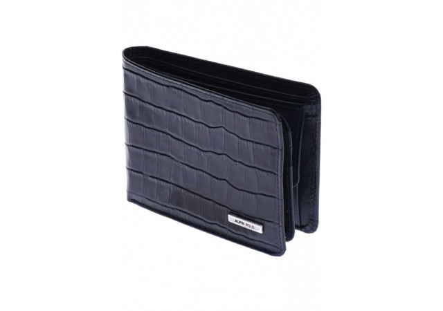 Portofel barbati din piele naturala, design crocodil, negru, 12 x 10 cm, 510CROCON