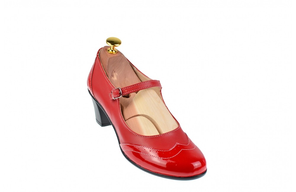 Pantofi dama rosii, eleganti, din naturala, cu toc 5 cm,
